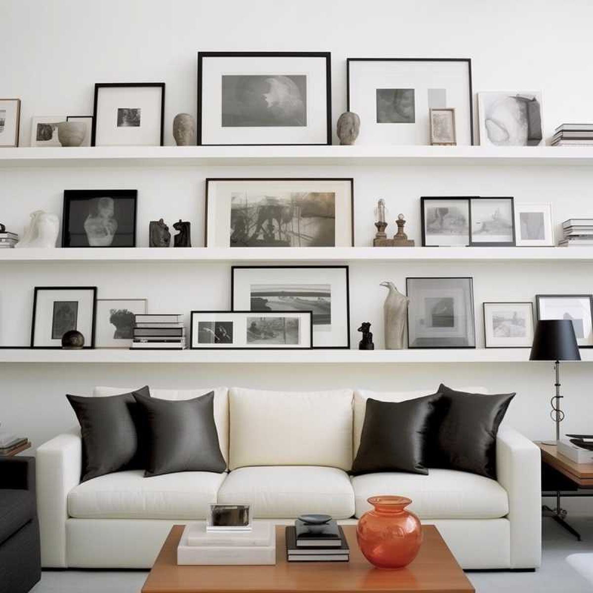 Salón blanco y negro con baldas decoradas con fotos.