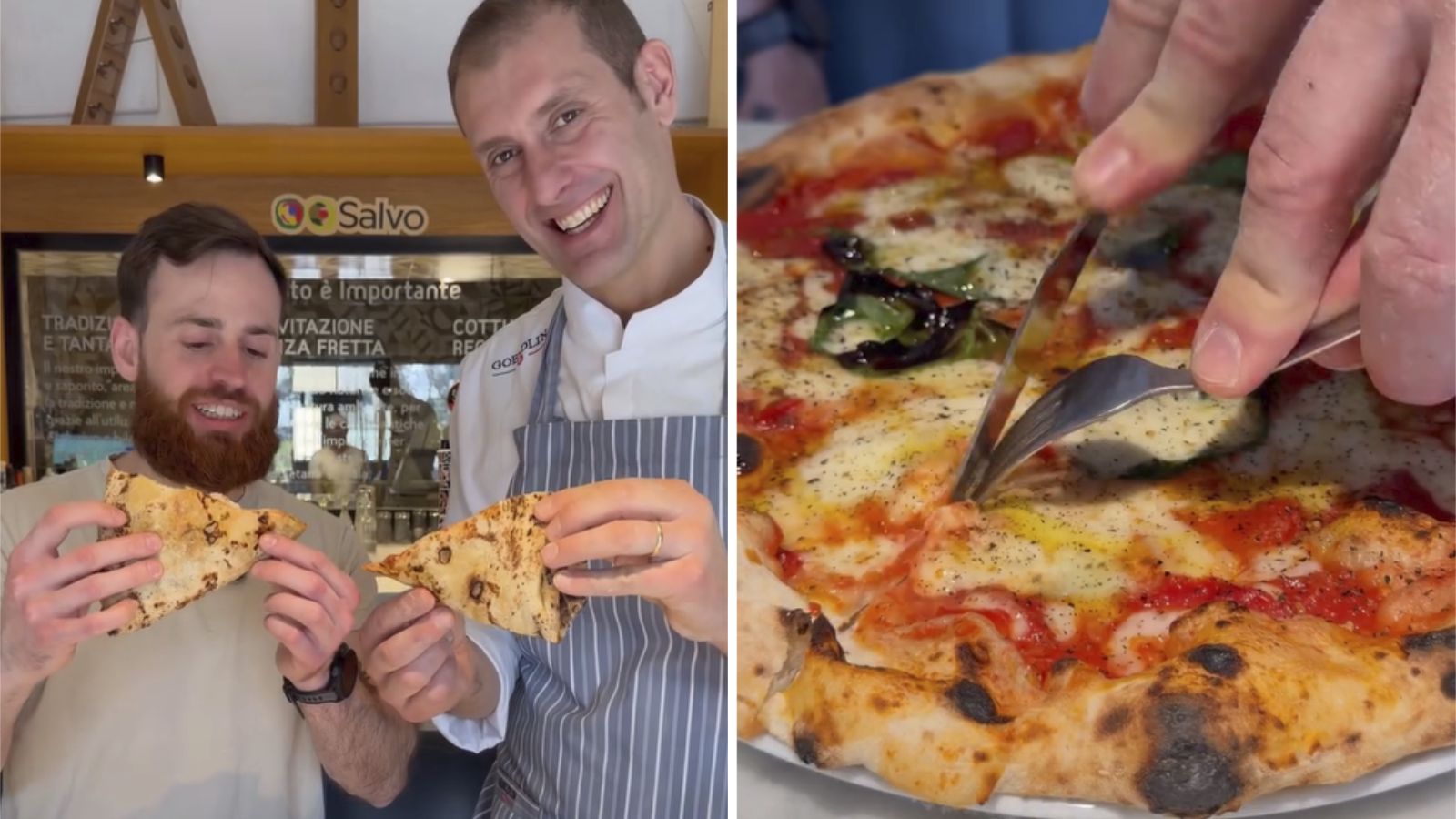 El chef y el maestro pizzero muestran cómo cortar una pizza napolitana de forma correcta