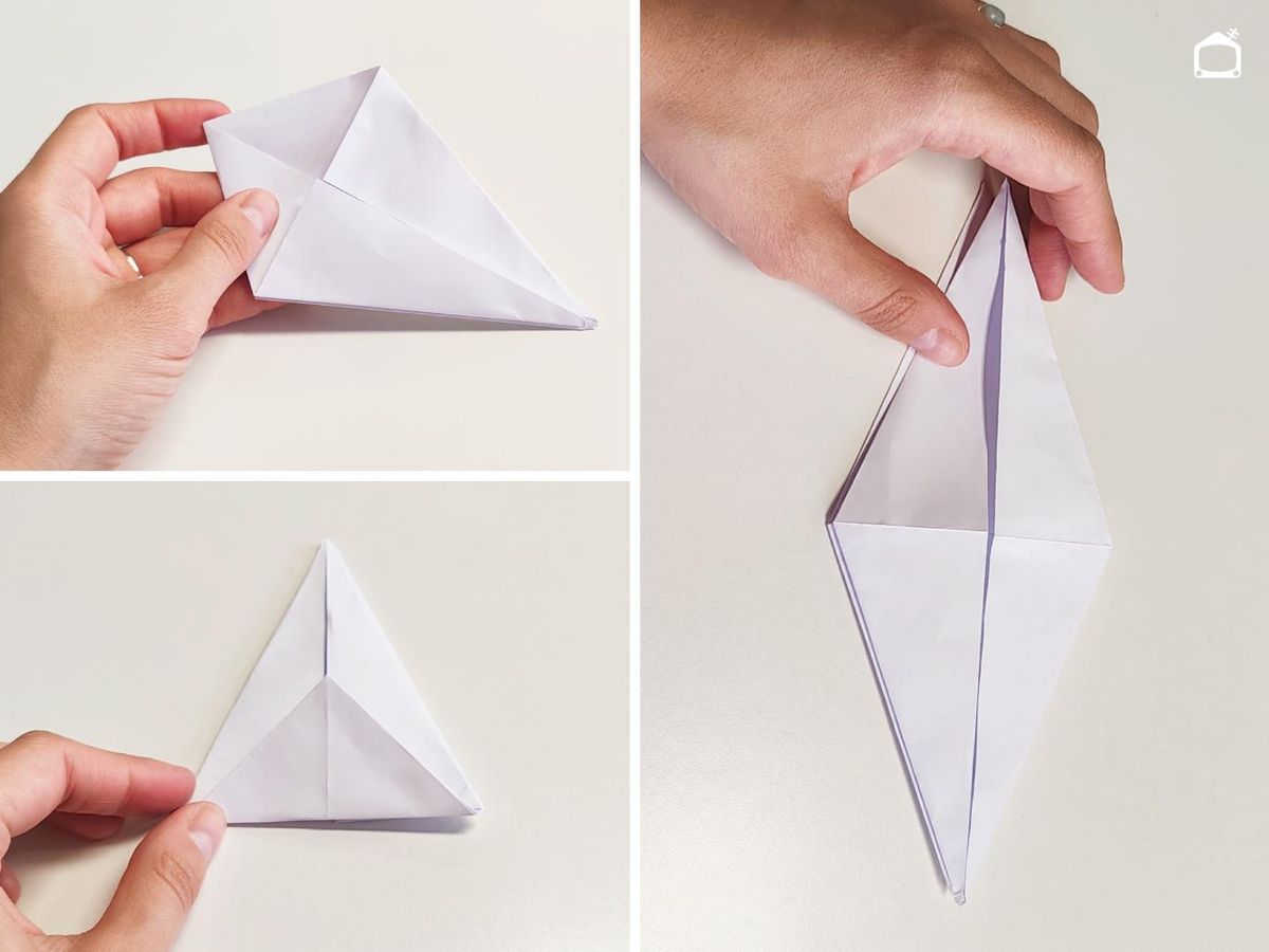 Cuarto paso para hacer una grulla de papel.