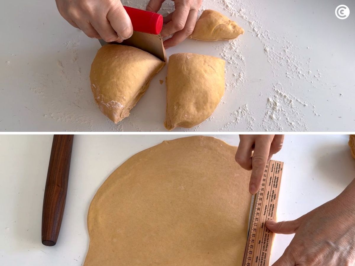 Divide, estira y da forma a la masa del hornazo