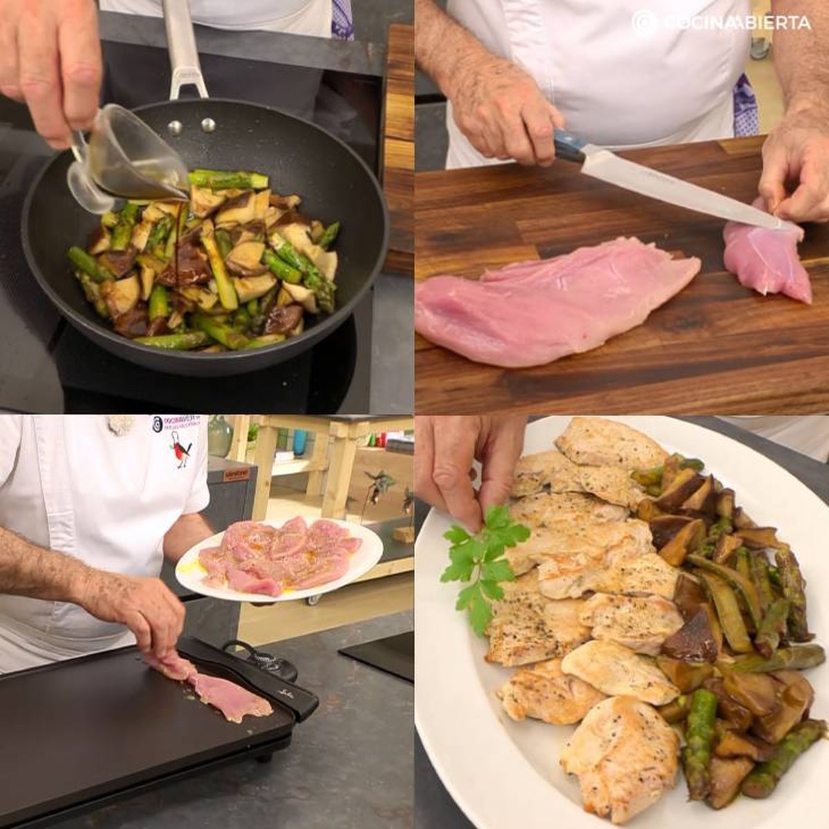 Paso a paso para hacer pavo a la plancha con guarnición de espárragos verdes y setas