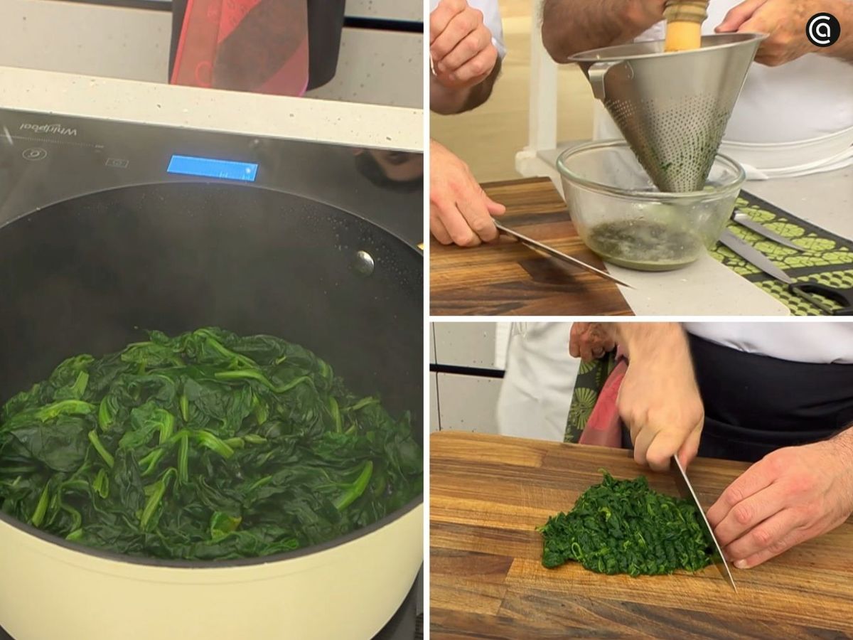 Cuece las espinacas, pásalas por un colador y, finalmente, pícalas.