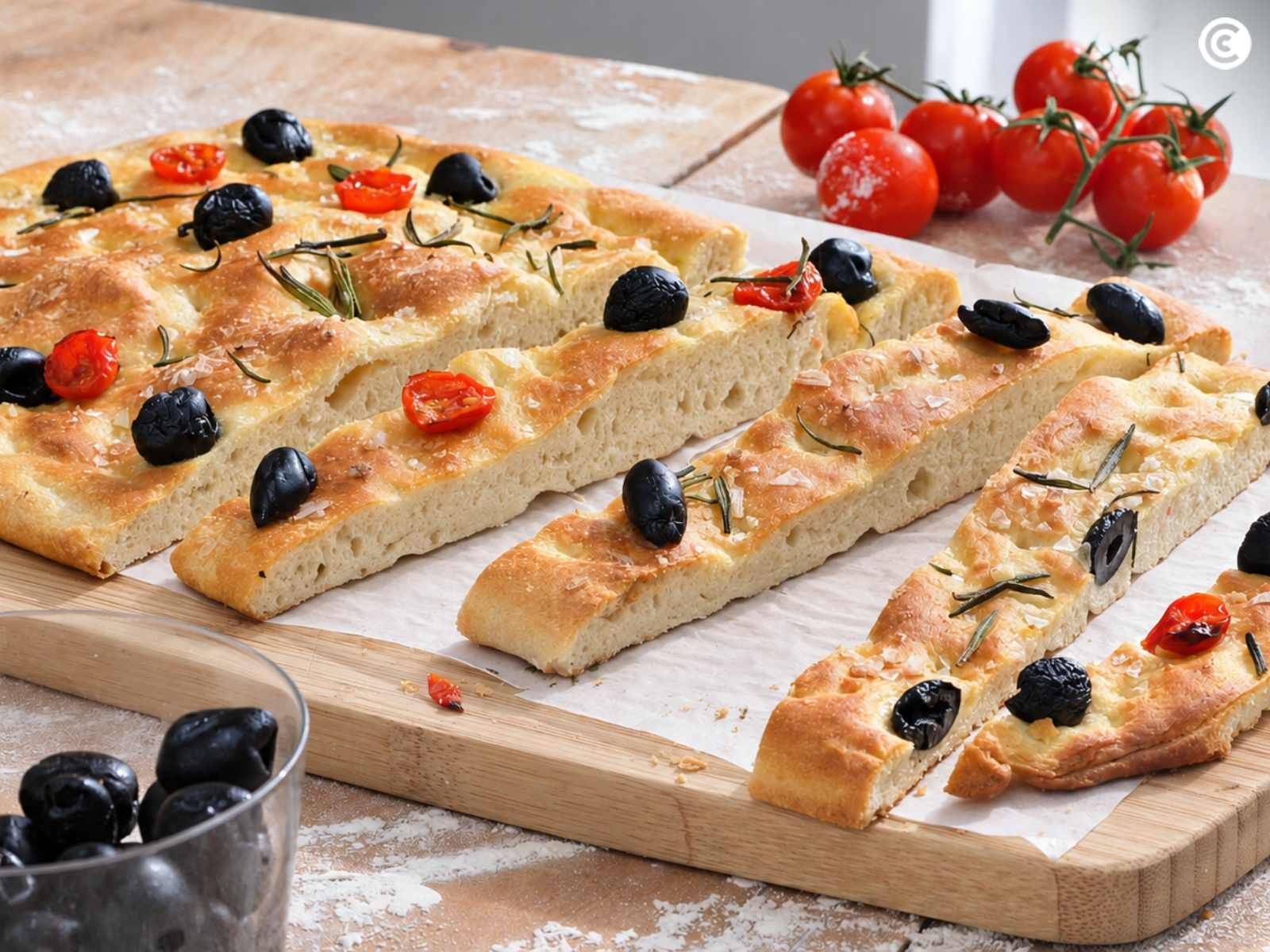 Focaccia con aceitunas y cherrys, el tradicional pan italiano