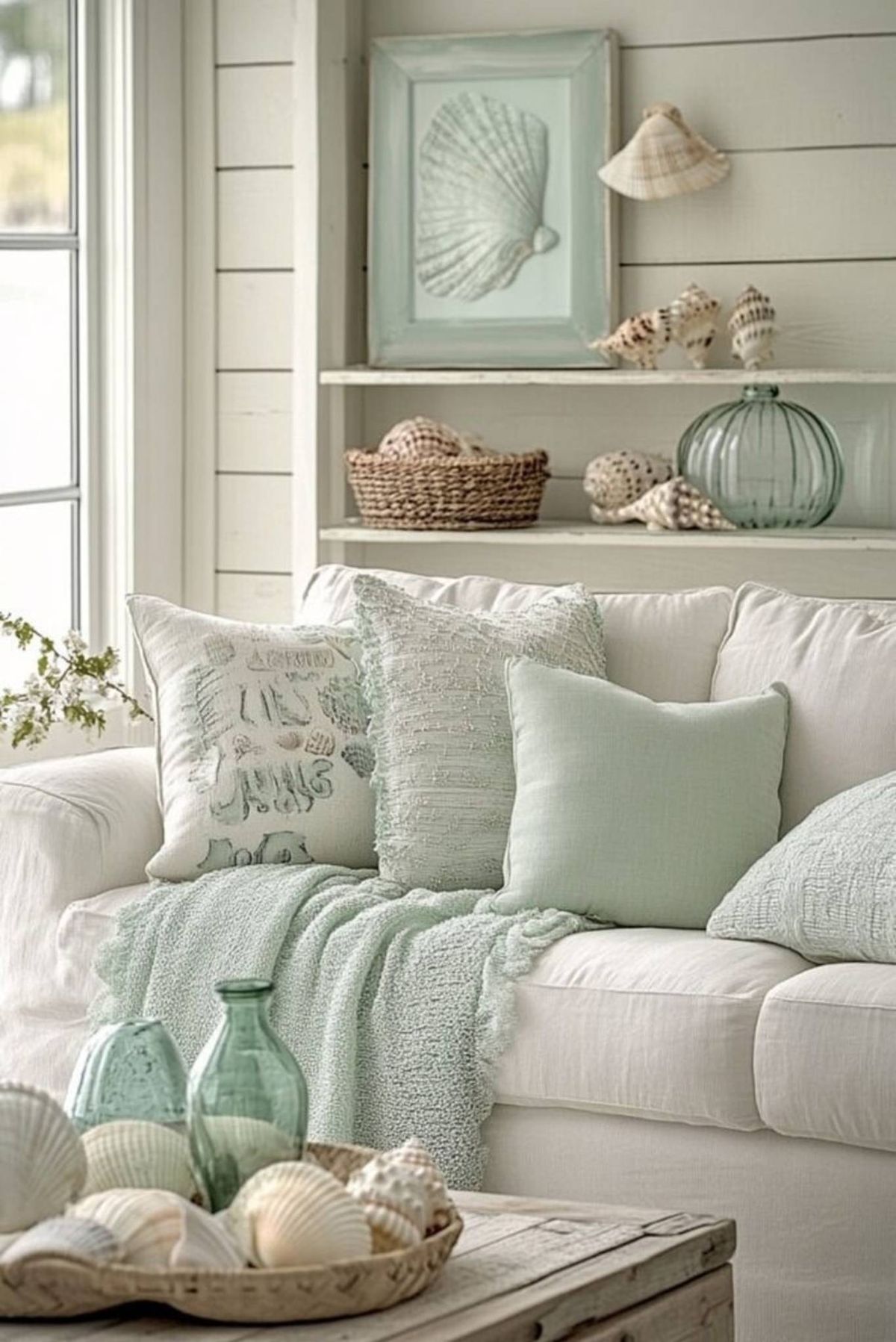 Salón coastal en blanco y verde claro.