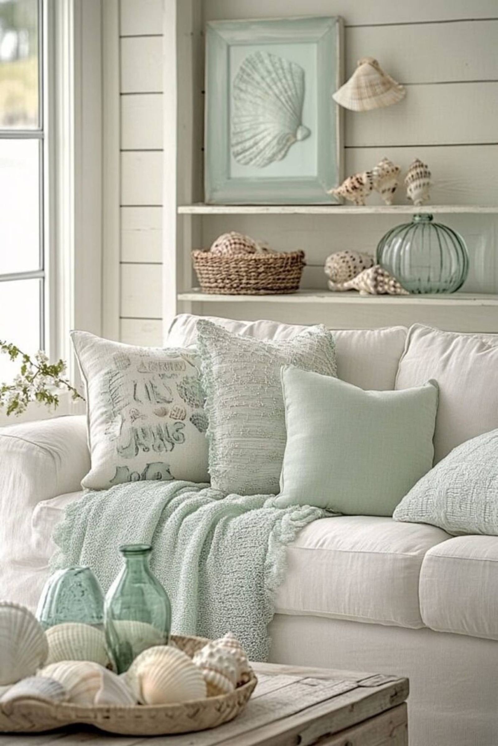 Salón coastal en blanco y verde claro. Salón coastal en blanco y verde claro.