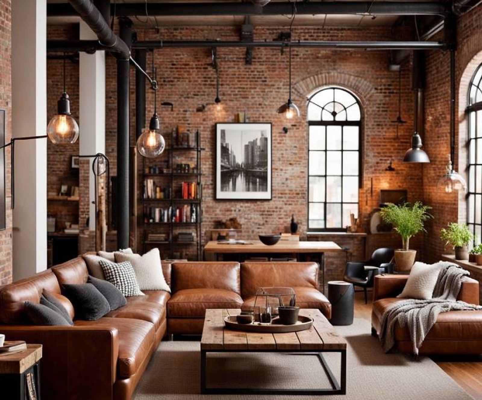 Salón industrial con pared de ladrillos y sofá de cuero. Salón industrial con pared de ladrillos y sofá de cuero.