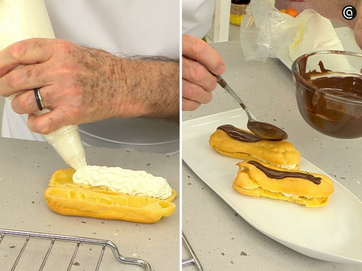 Abre los relámpagos, rellénalos con nata y pon un hilo de chocolate por encima