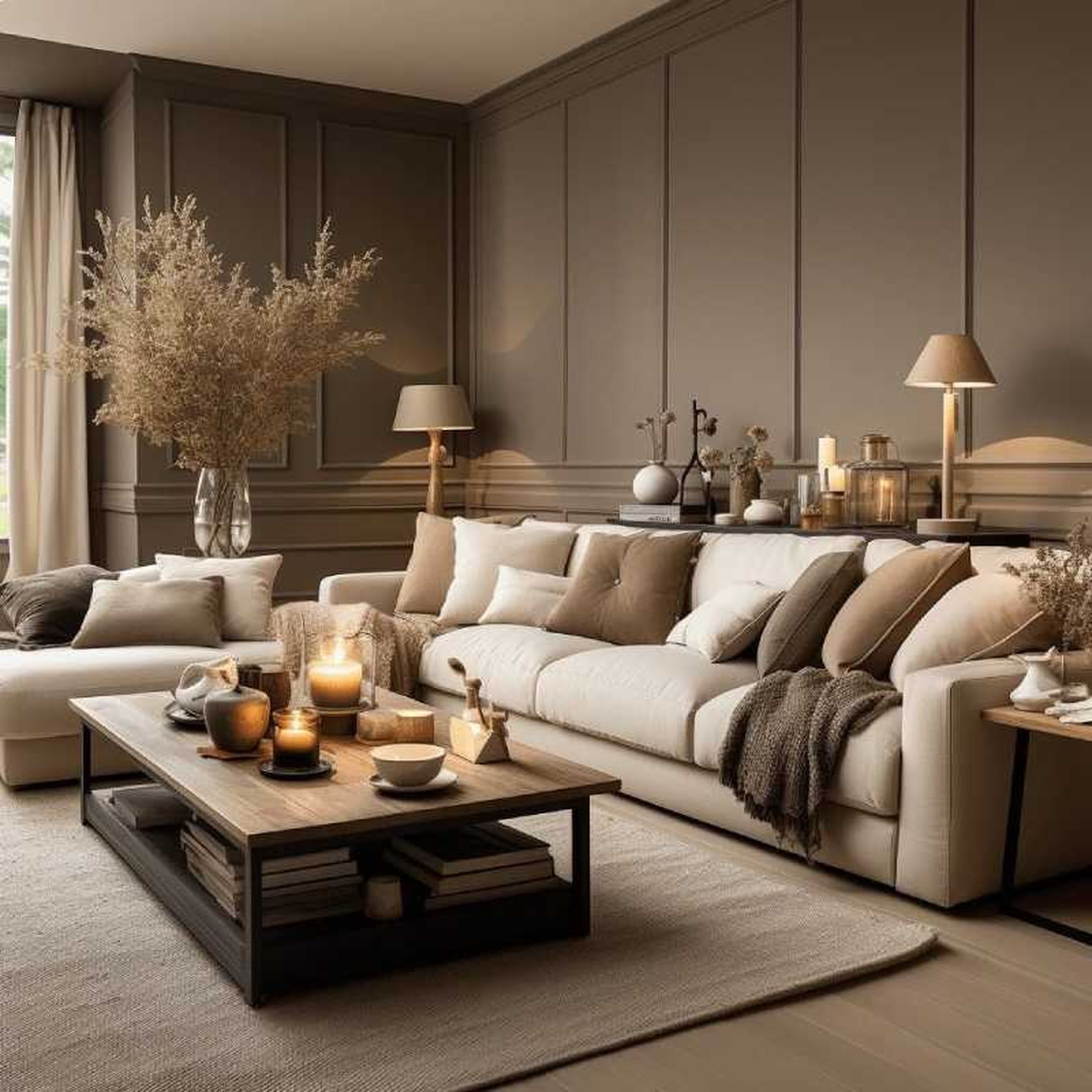 Salón beige con paredes decoradas con molduras clásicas.
