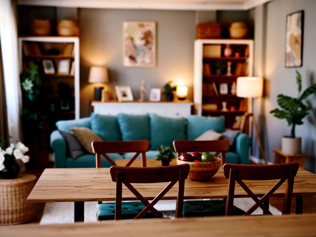 Salón con muebles de madera oscura