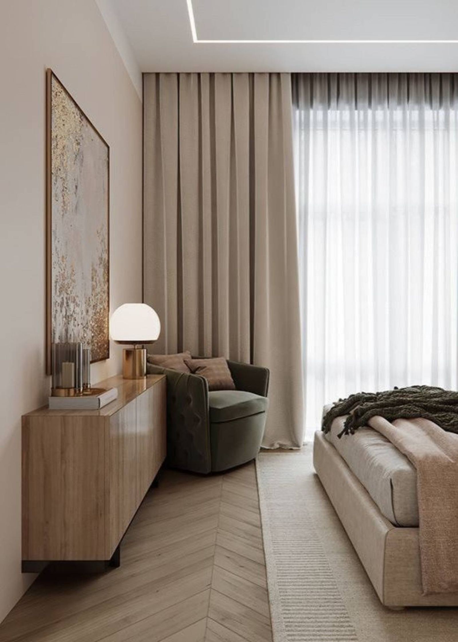Los tonos neutros en visillos y cortinas crean un ambiente sereno y luminoso.