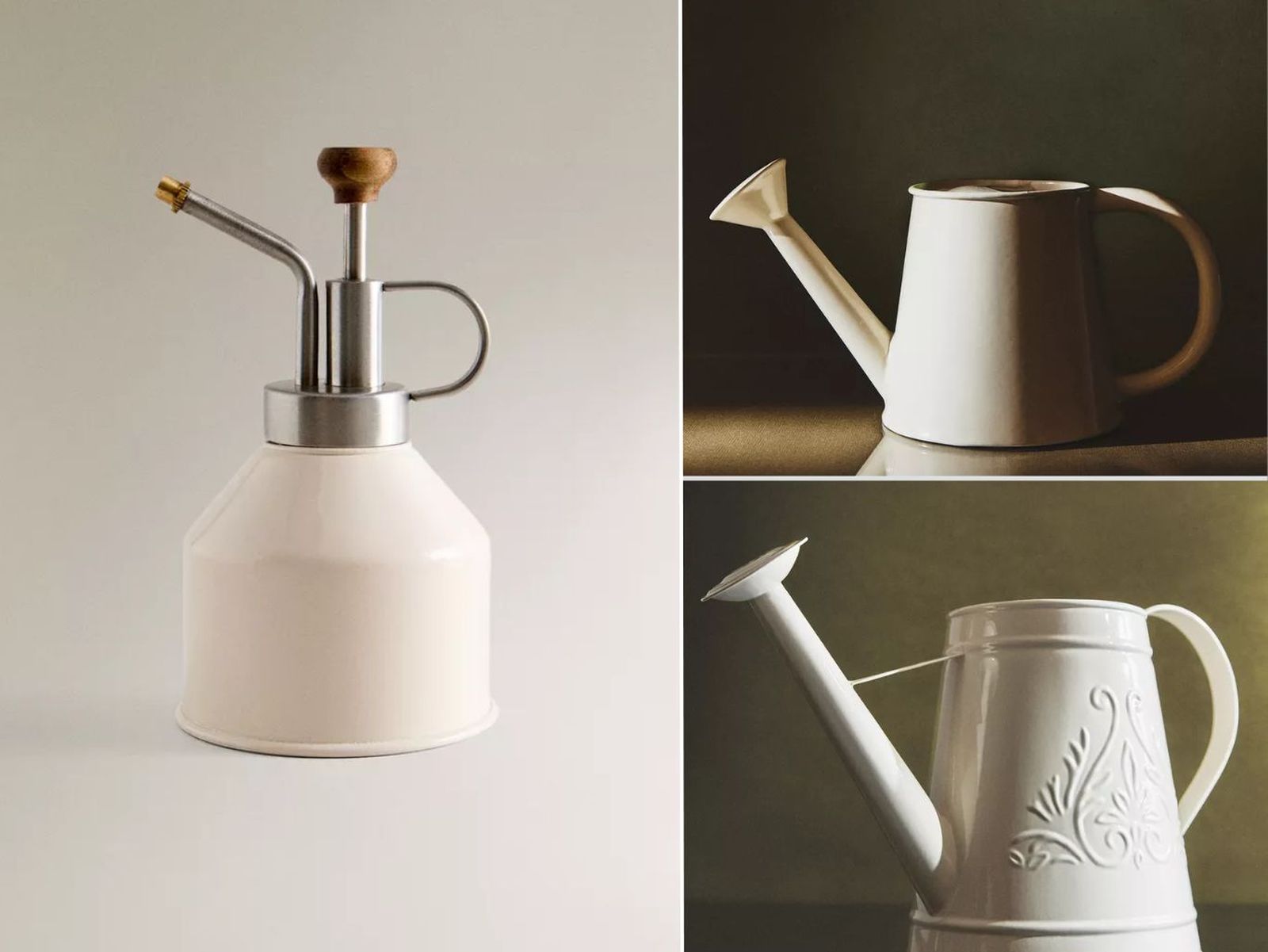 De izq. a drch.: Pulverizador metálico, regadera de metal lacado y Regadera de metal lacado con relieve. / Fotos: Zara Home De izq. a drch.: Pulverizador metálico, regadera de metal lacado y Regadera de metal lacado con relieve. / Fotos: Zara Home