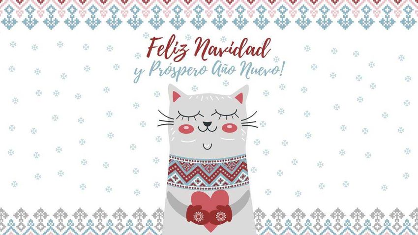 Felicitación de Navidad con la ilustración de un gatito.