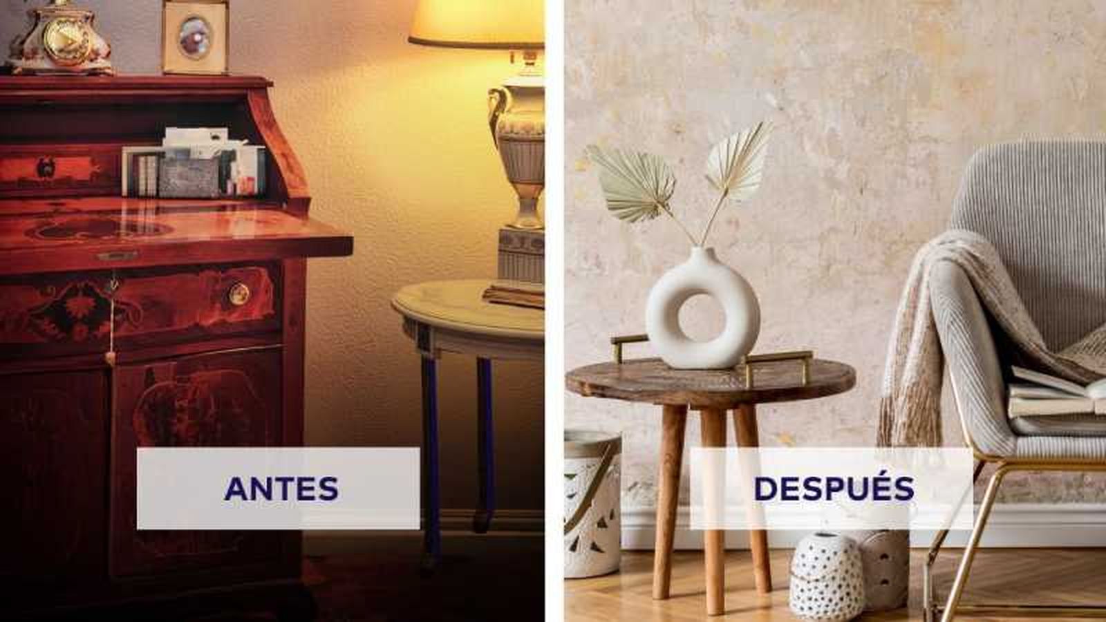 Antes y después de un rincón anticuado renovado con una decoración moderna. Antes y después de un rincón anticuado renovado con una decoración moderna.