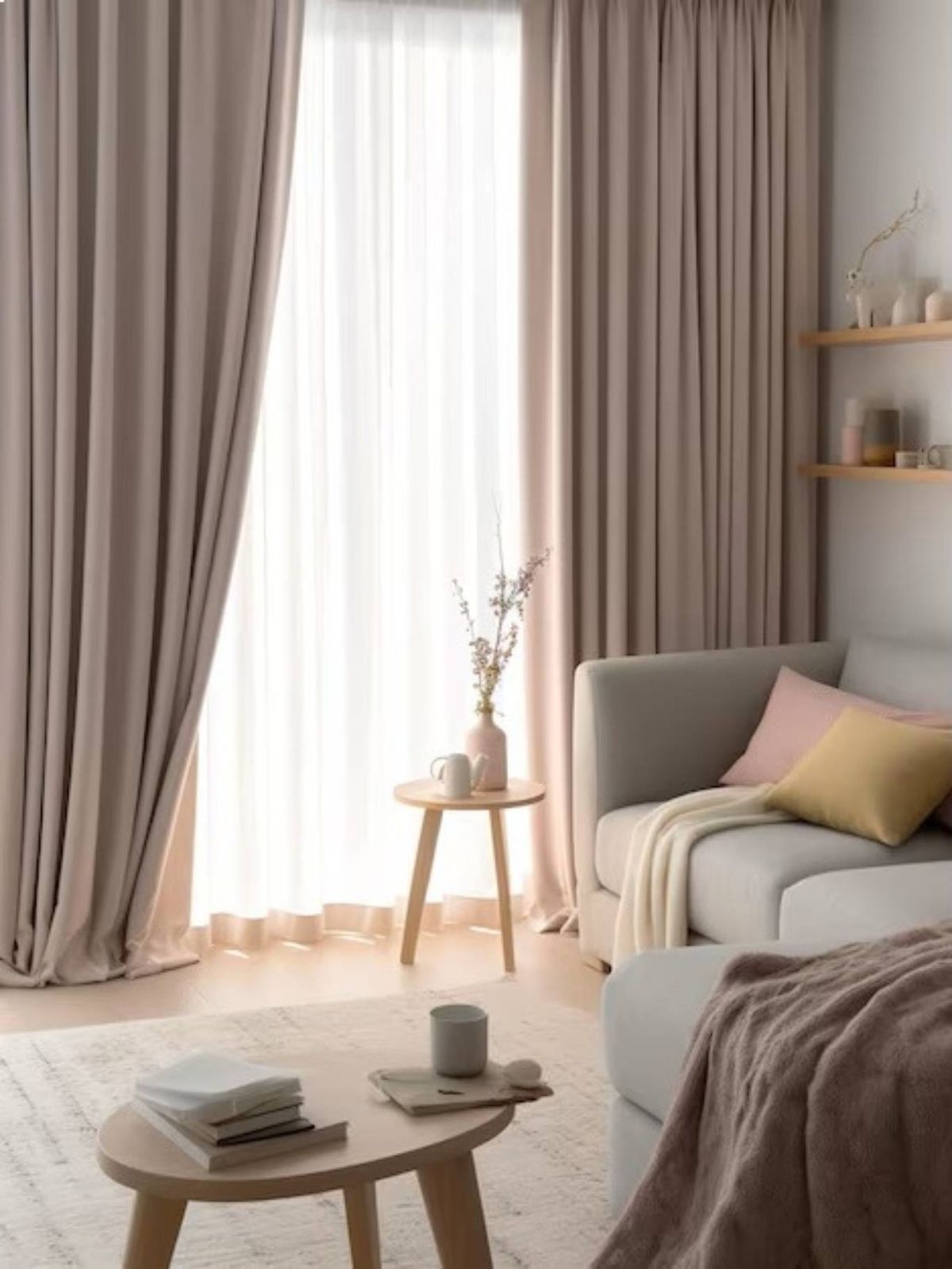 Un salón moderno con visillos blancos y cortinas pesadas que aportan elegancia.