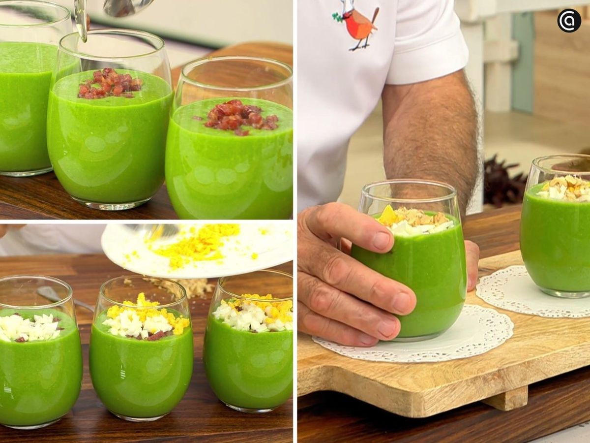 Reparte el batido en vasos, añade el jamón, el huevo cocido y las nueces