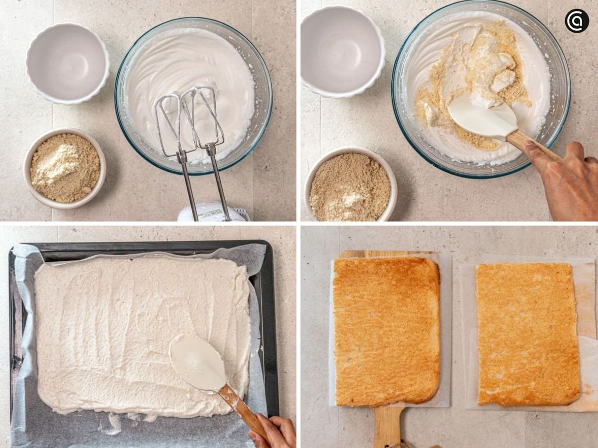Vierte y extiende la masa en una fuente de horno para el bizcocho de almendra