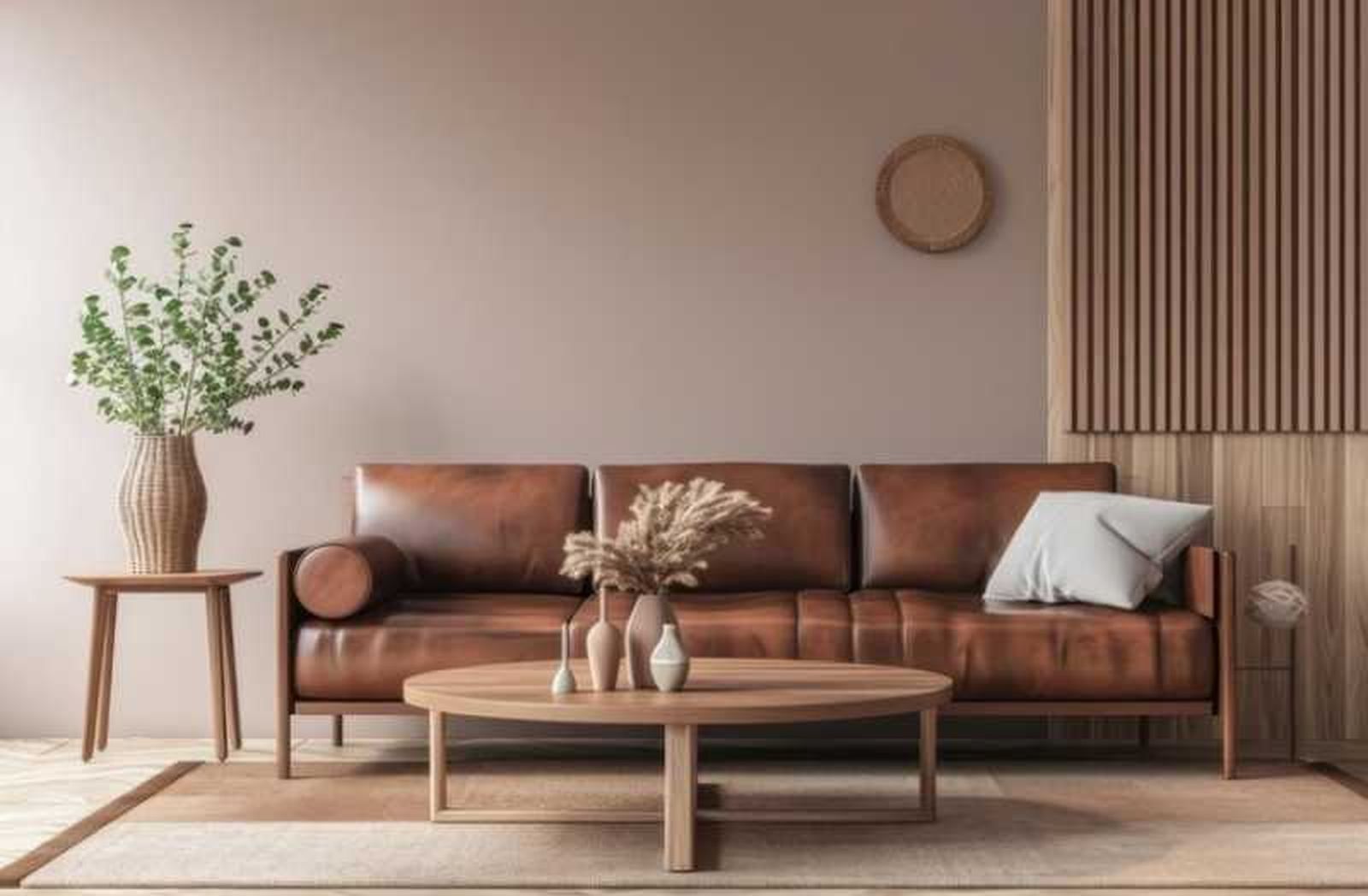 Salón con sofá de cuero decorado en Mocha Mousse. Salón con sofá de cuero decorado en Mocha Mousse.