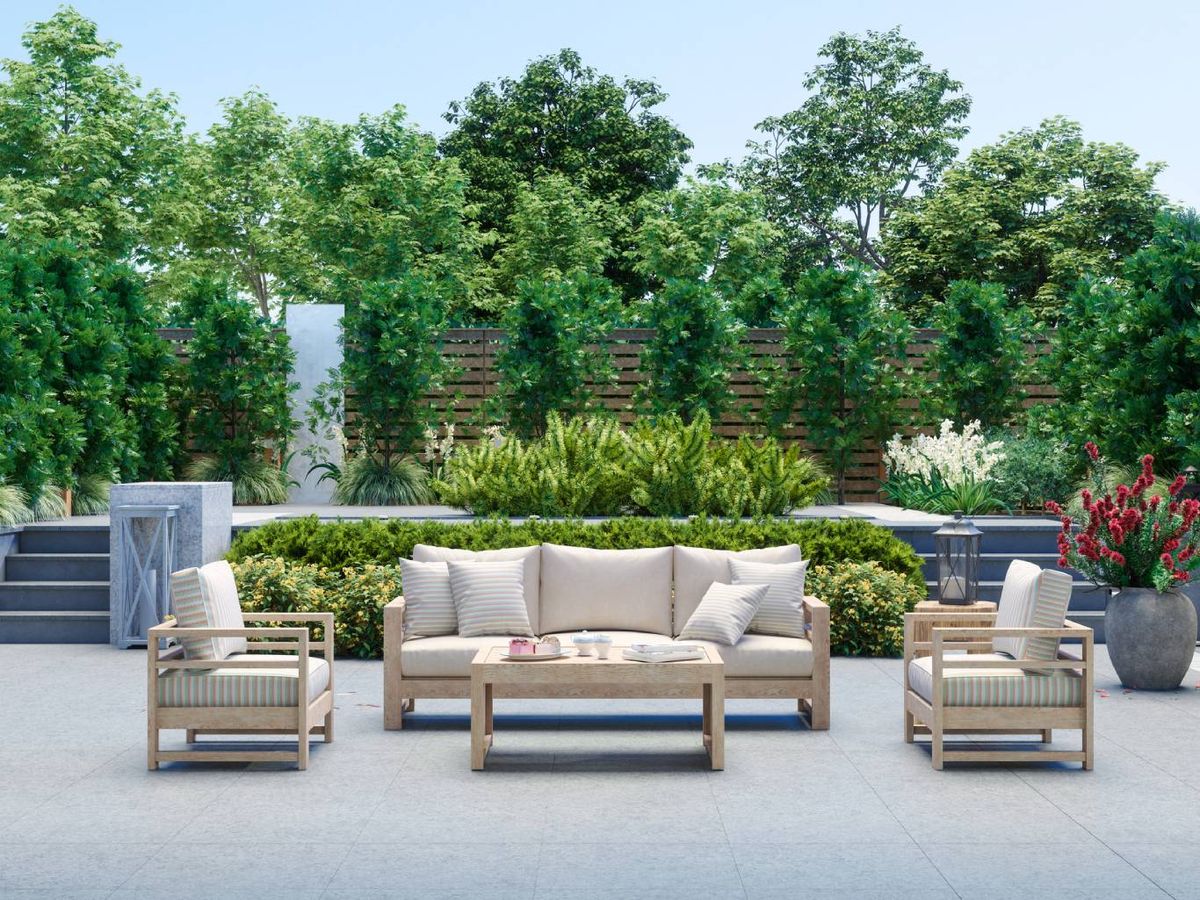 Jardín nórdico con colores sencillos.