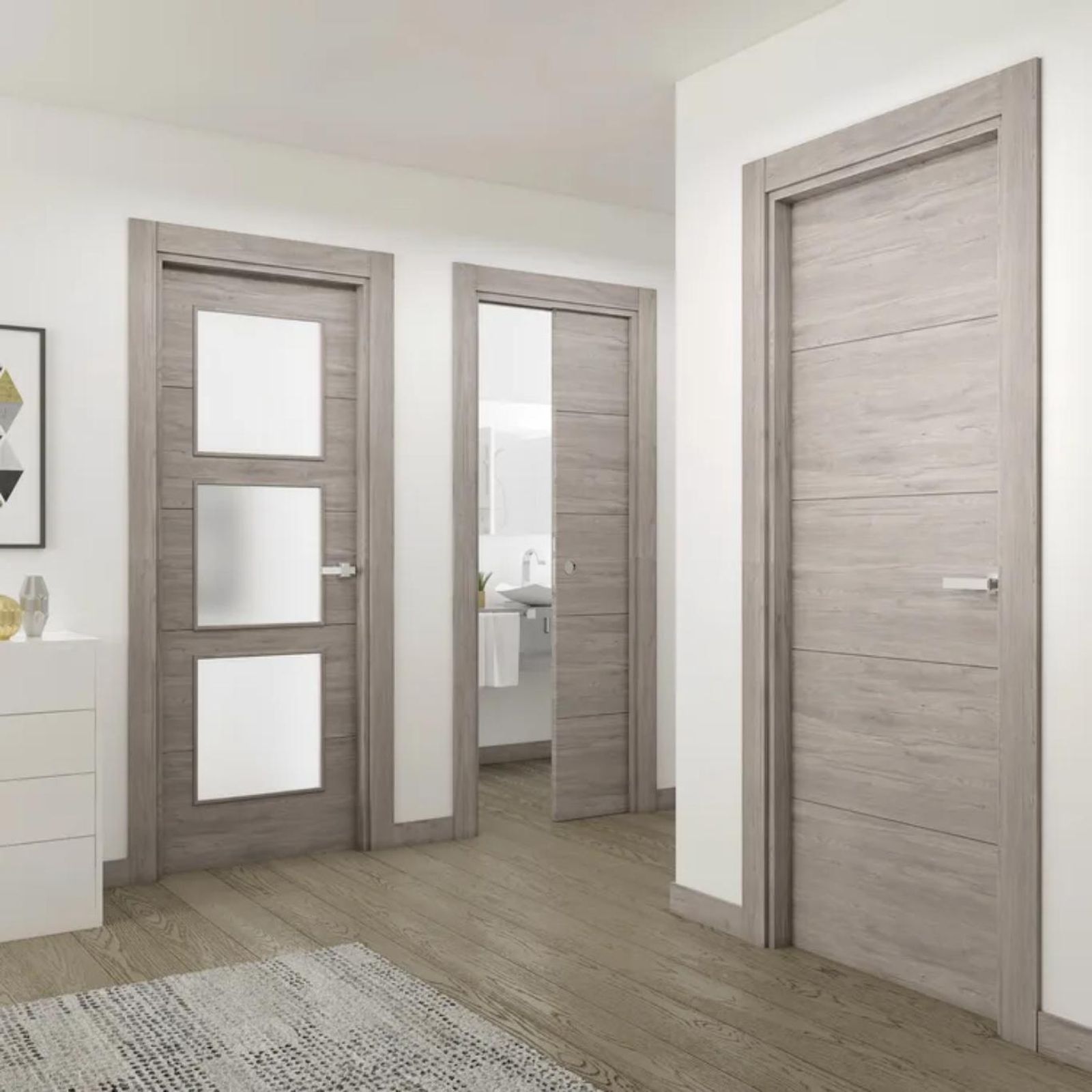 Hogar con puertas de interior en roble gris Berna.