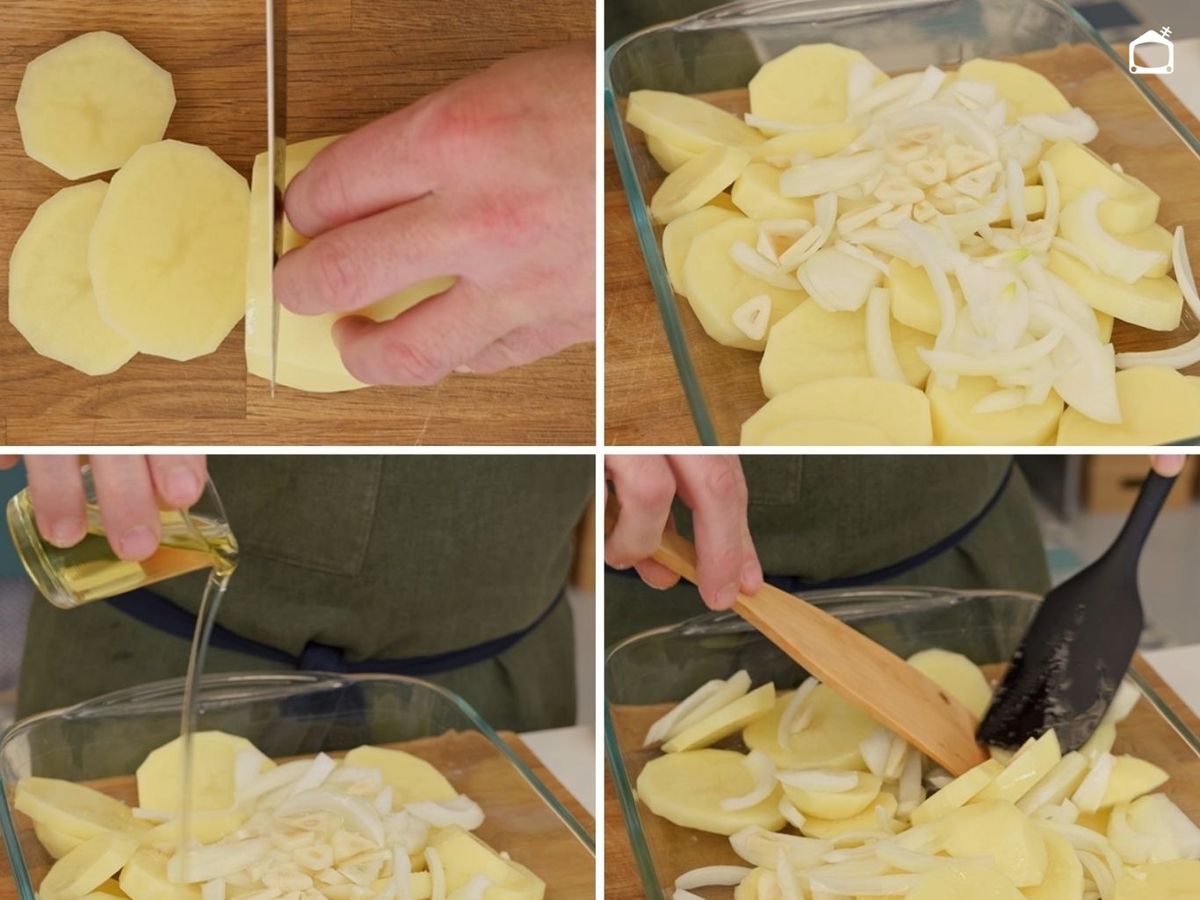 Corta las patatas en rodajas y colócalas en una fuente junto con la cebolla y el ajo