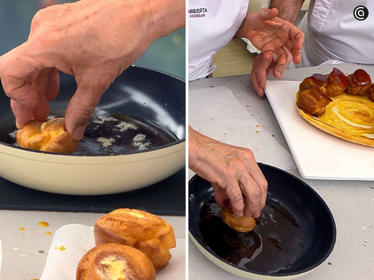 Comienza a montar la tarta Saint Honoré con los profiteroles y el caramelo