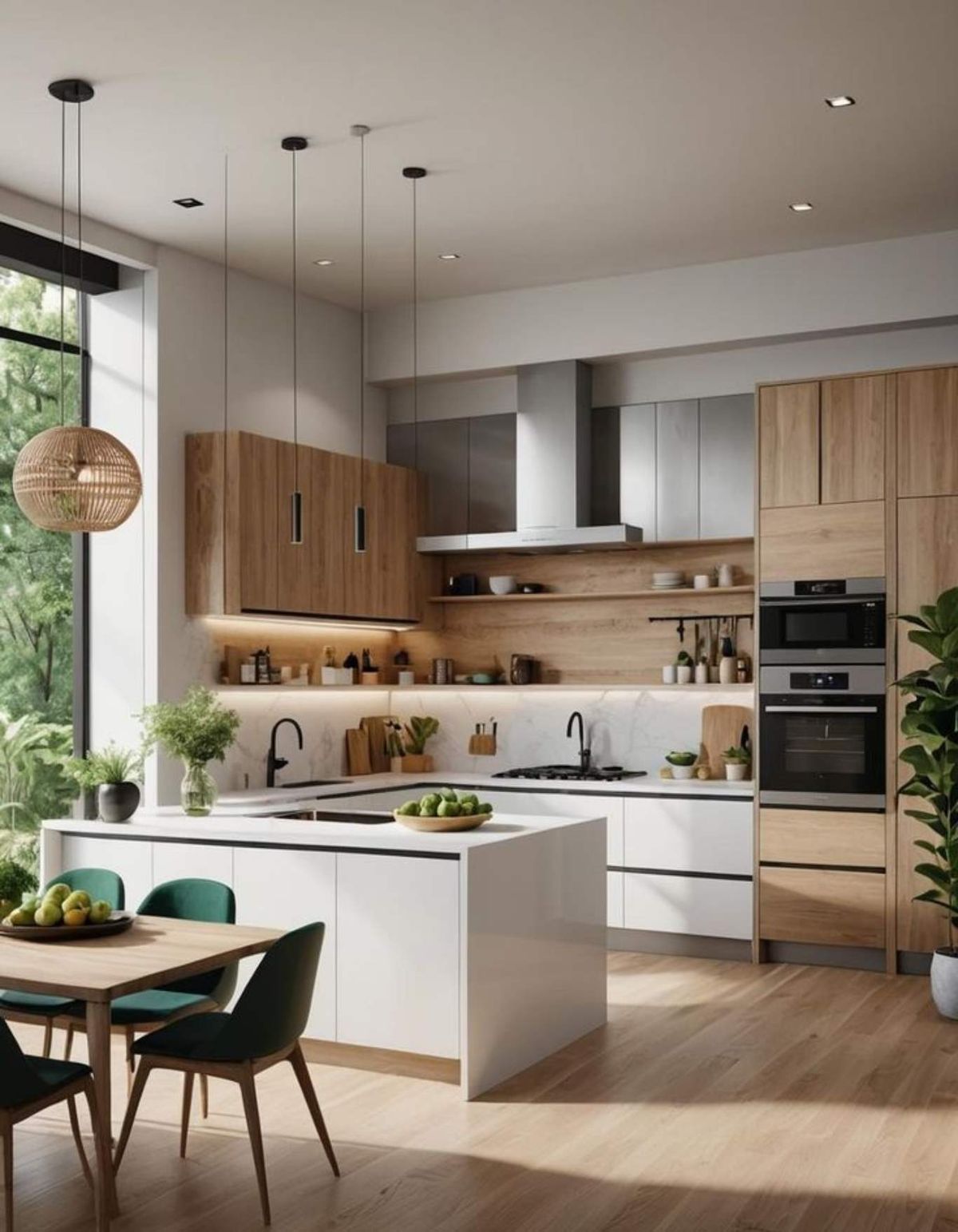 Cocina moderna en madera y blanco.