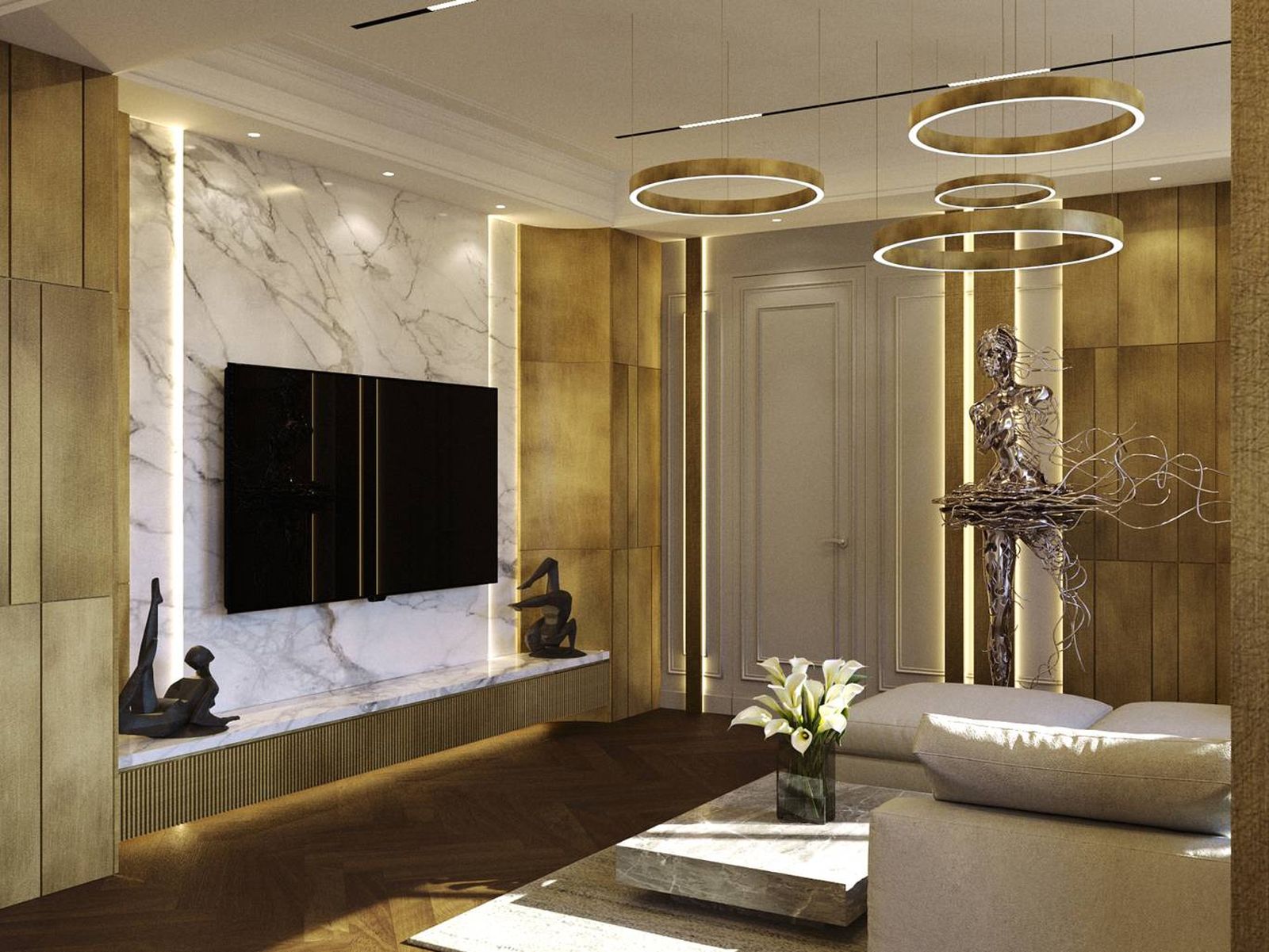 Una propuesta de decoración lujosa que combina mármol, dorado y luz ambiental con piezas escultóricas. Una propuesta de decoración lujosa que combina mármol, dorado y luz ambiental con piezas escultóricas.