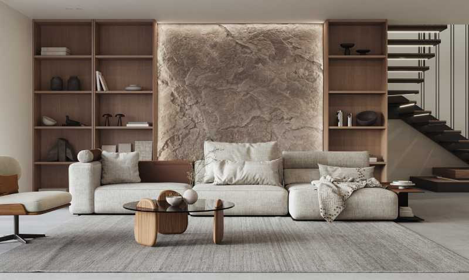 Salón elegante con una pared de piedra.