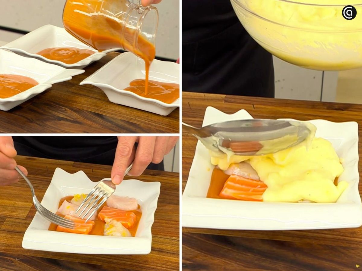 Pon la crema de marisco, luego el pescado y cubre con puré patata