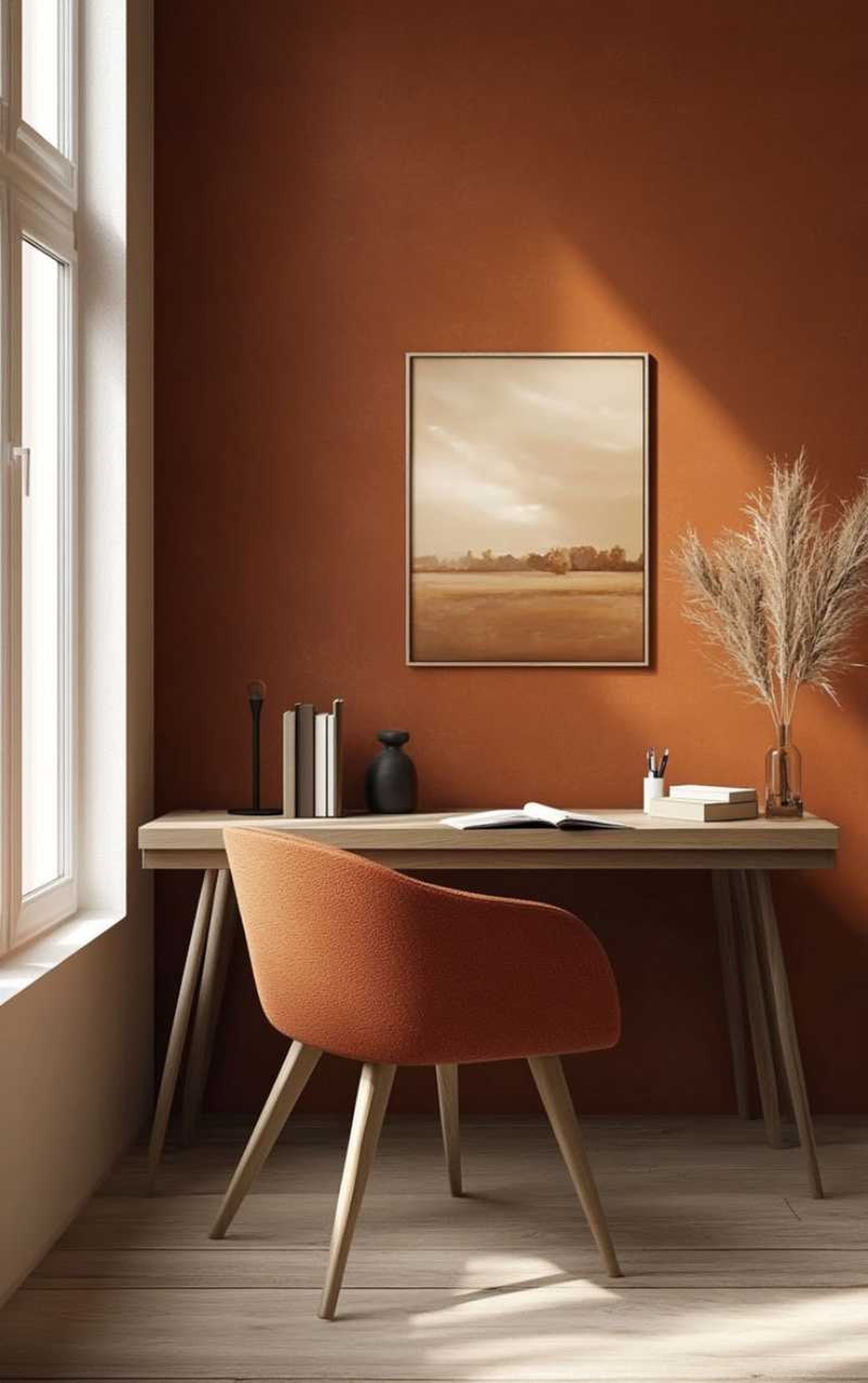 Estudio con decoración naranja quemado.