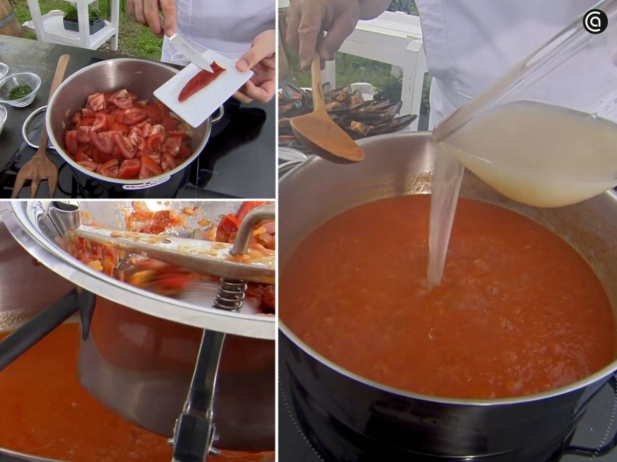 Añade el tomate y la alegría riojana, cuela la salsa y agrega el caldo de cocción de los mejillones
