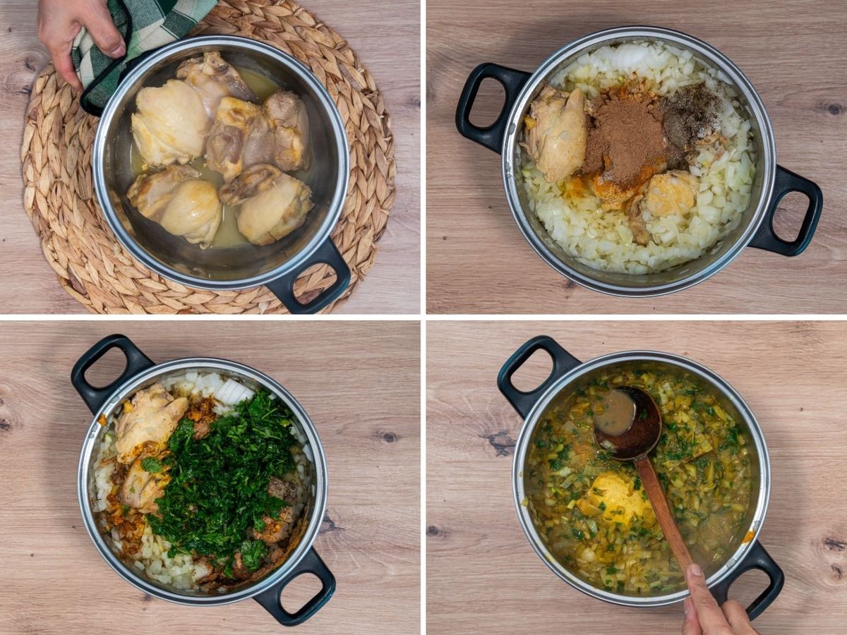 Prepara el relleno con pollo, cebolla, hierbas y especias