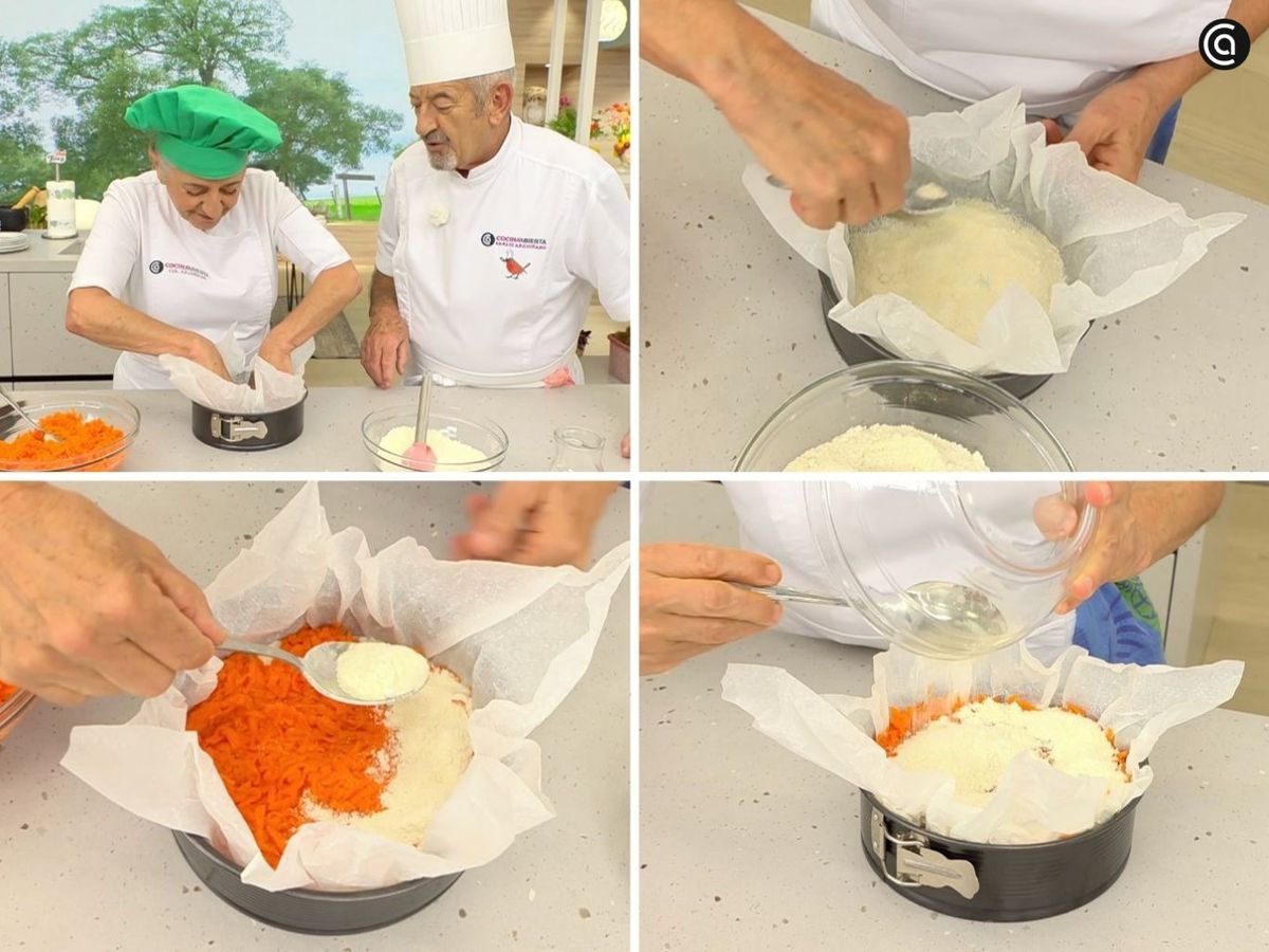 Pon una capa de masa seca, luego otra de calabaza rallada y otra de masa seca; repite hasta formar tres capas de cada una