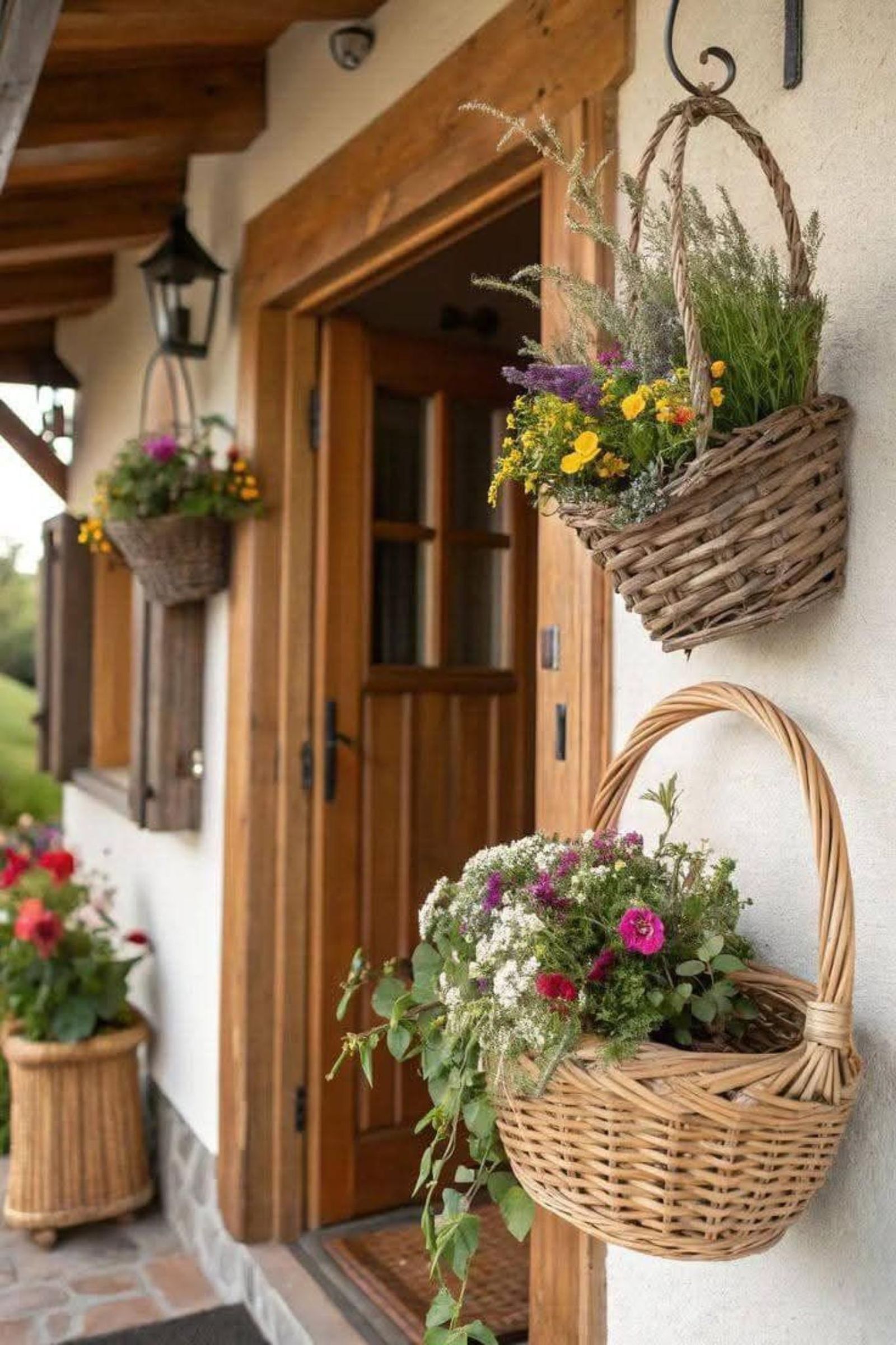 Cestas de mimbre decoradas con flores en la pared.