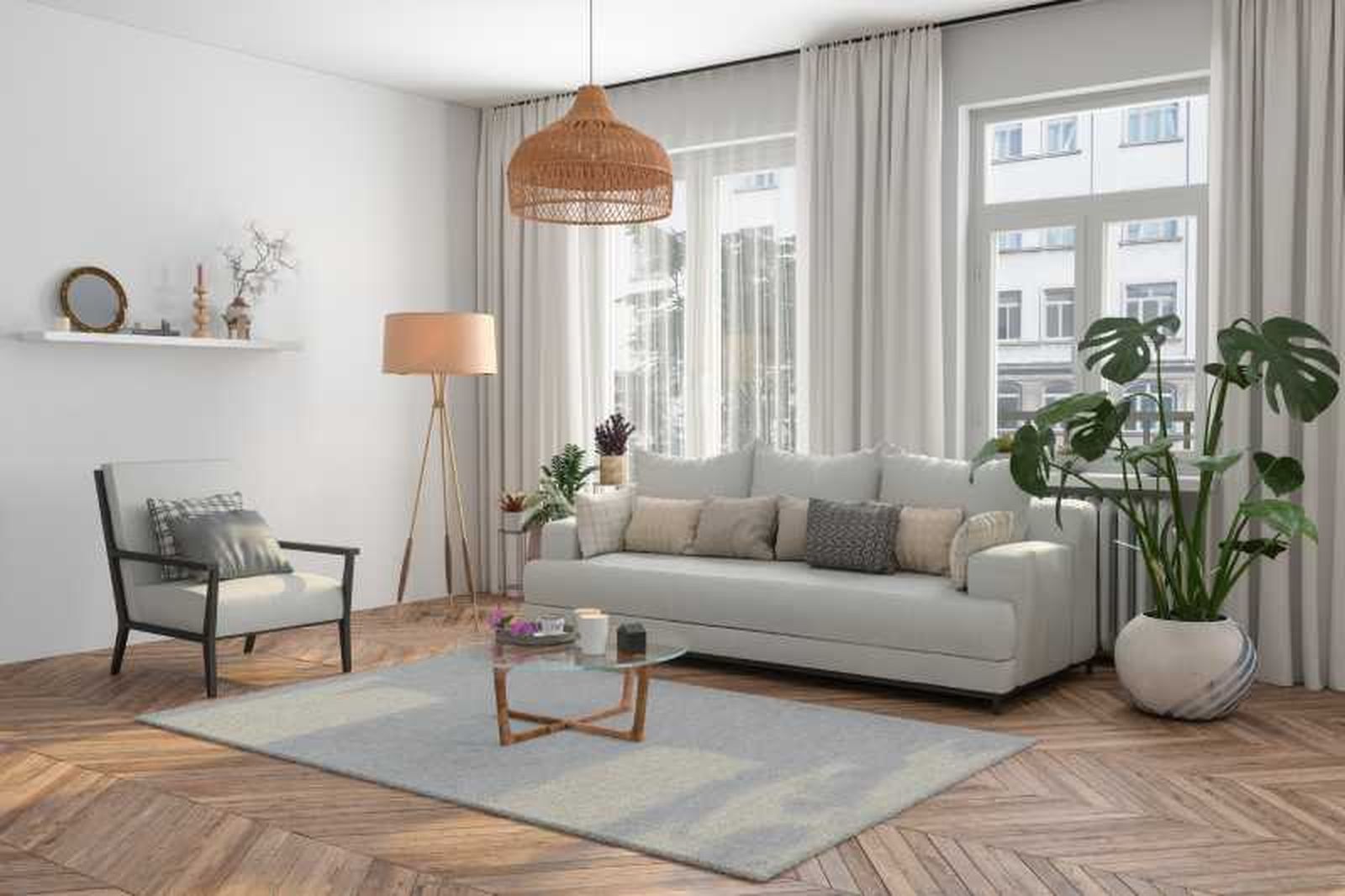 Salón acogedor decorado una planta grande.