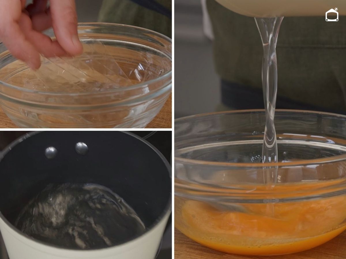 Hidrata la gelatina y mézclala con el zumo de maracuyá