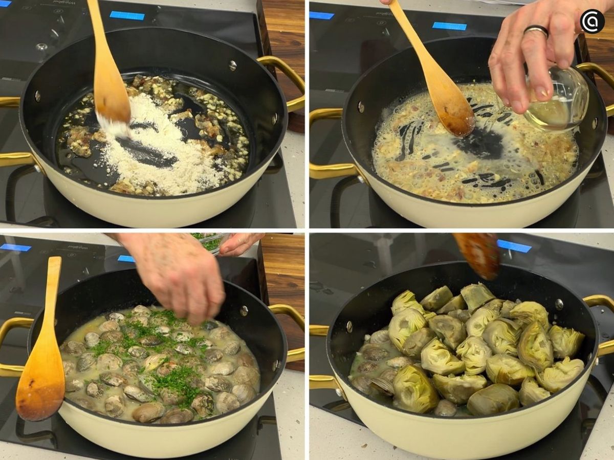 Cuece las almejas con la salsa verde y luego añade las alcachofas