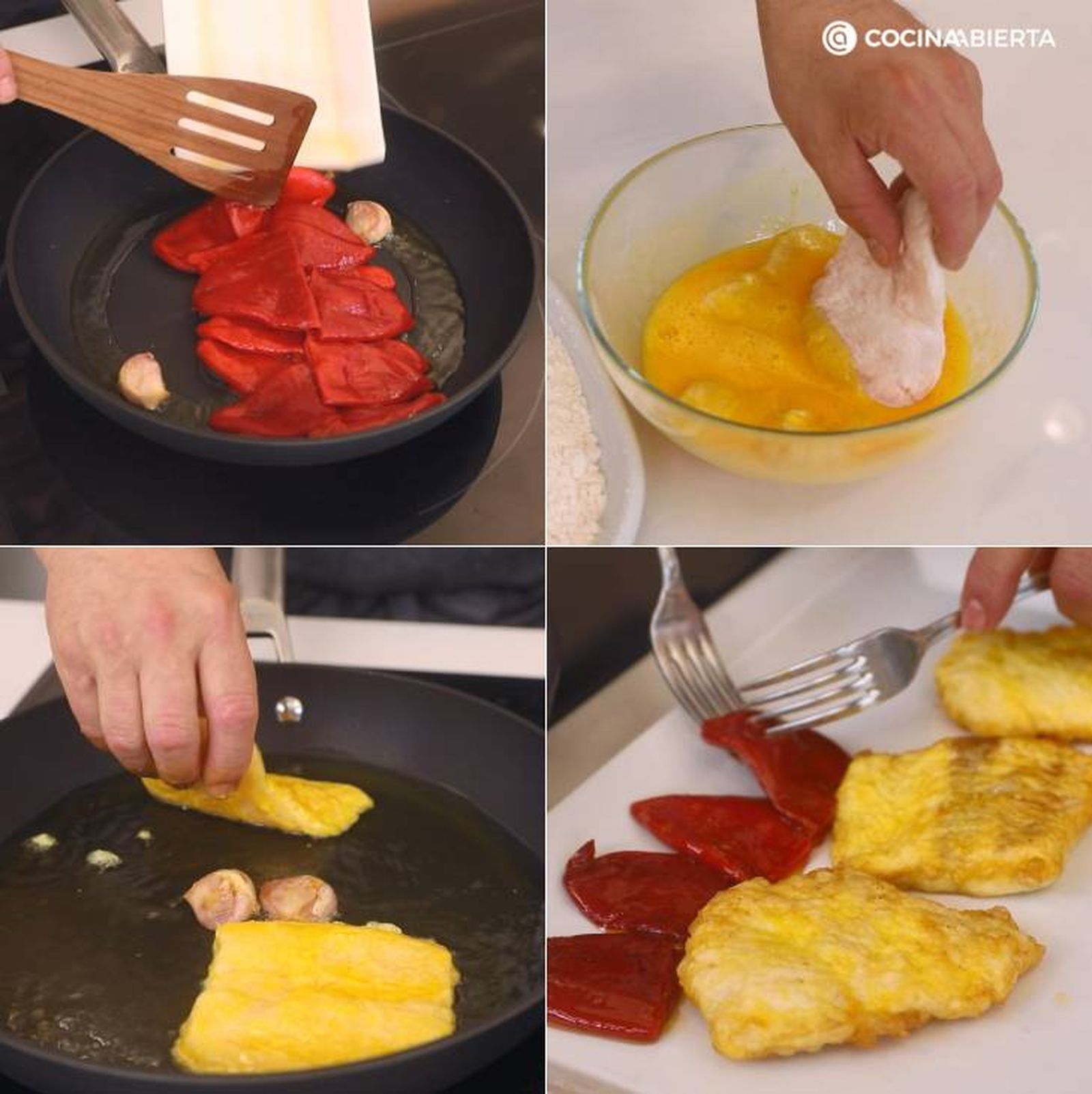 merluza rebozada con pimientos piquillo pasos