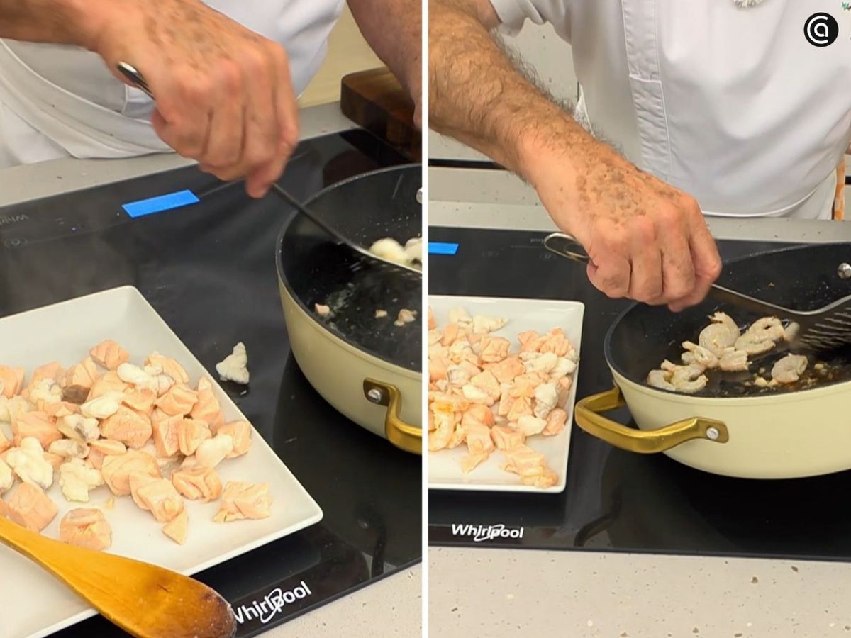 En la misma olla, cocina primero el pescado y luego las gambas