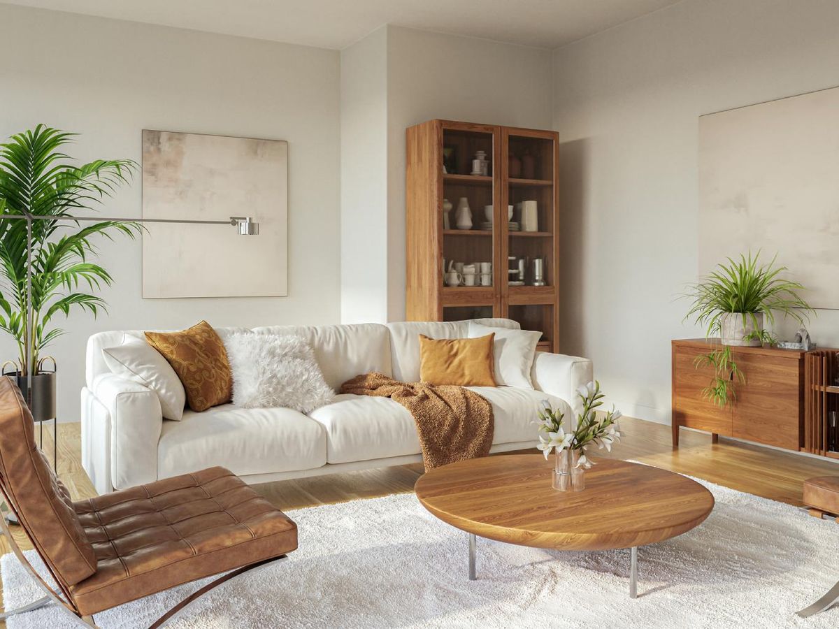 Salón acogedor en blanco y madera.