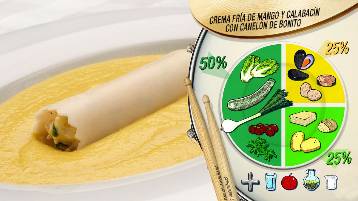 crema fria de mango y calabacin con canelon de bonito plato