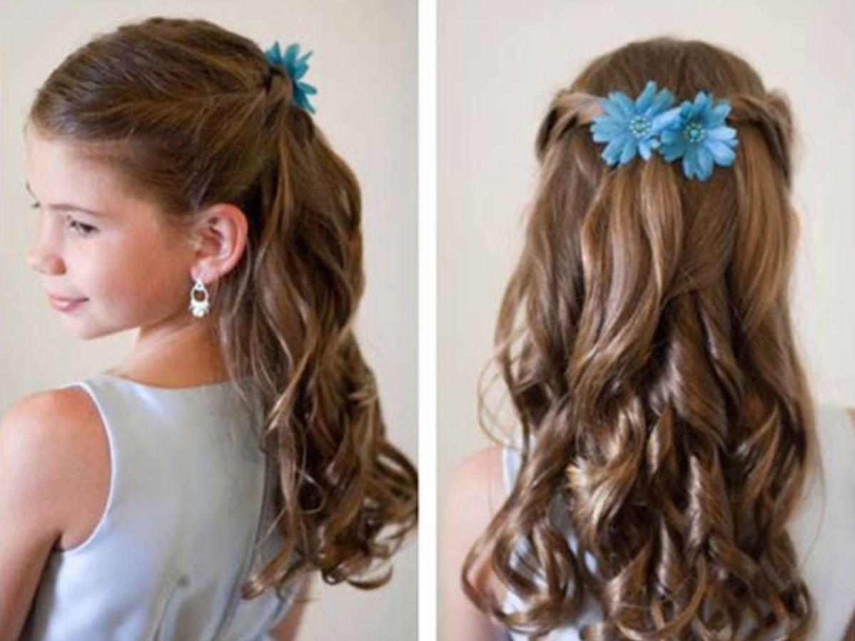 Peinado semirecogido para comunión con adorno floral