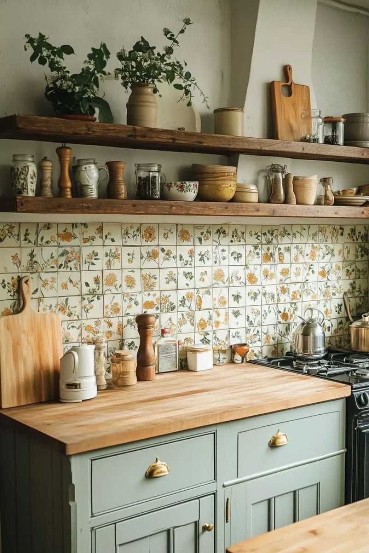 Cocina cottage de estilo vintage con azulejos de flores.