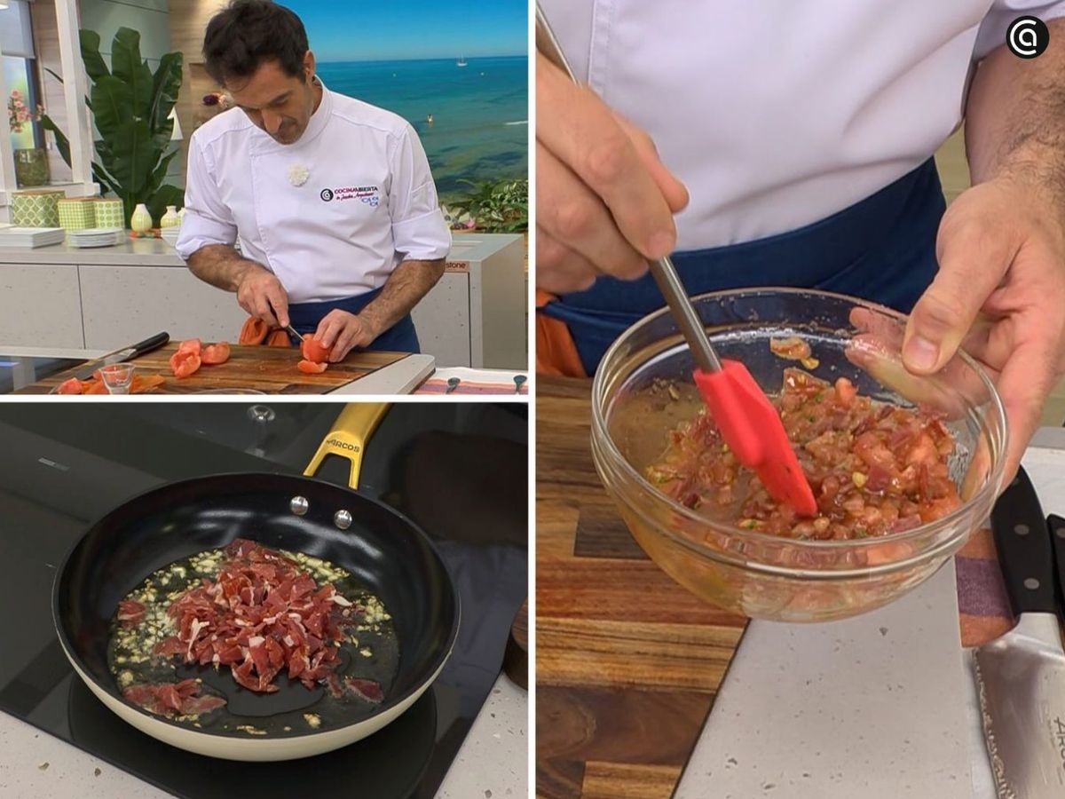 Elabora la vinagreta de tomate, añade el ajo y el jamón, y mezcla