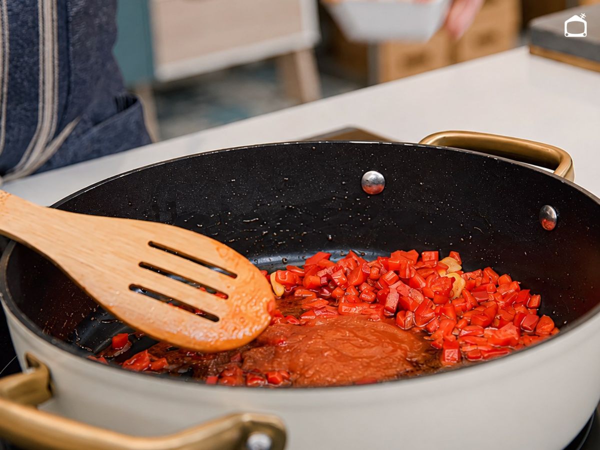 Prepara el sofrito con el ajo, el pimiento y el tomate