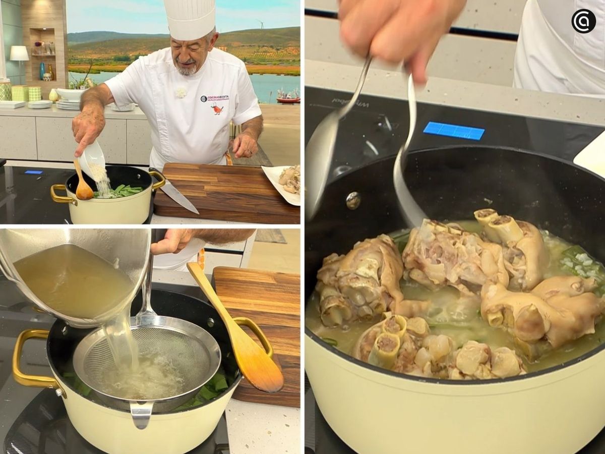 Añade el arroz, el caldo de las manitas y cocina; luego incorpora las manitas