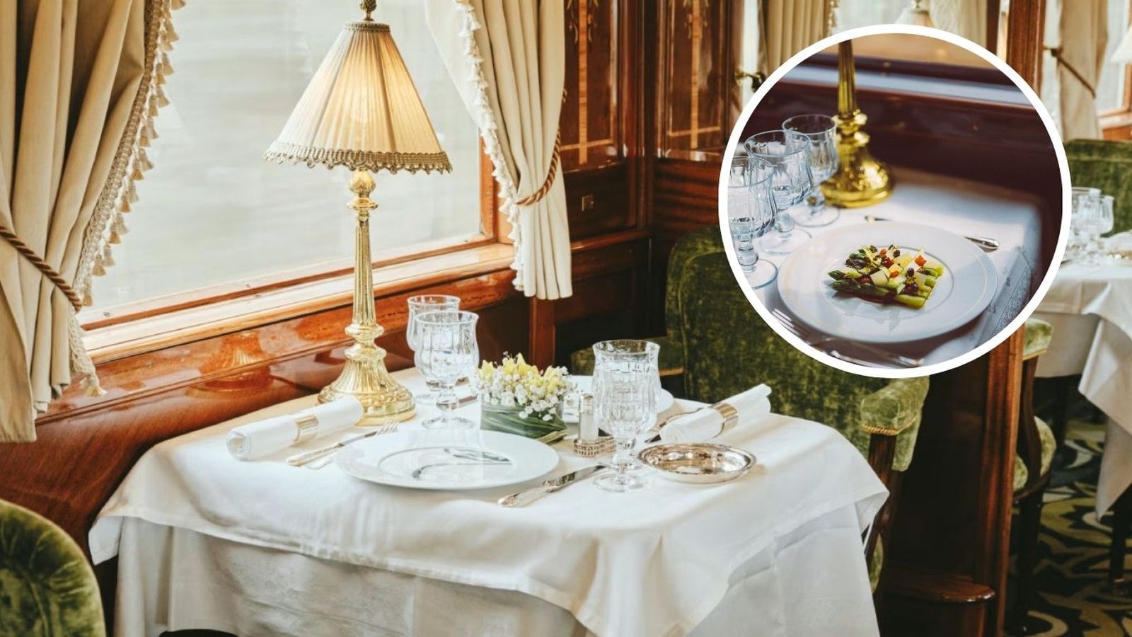 Coche restaurante del Venice Simplon-Orient-Express, con mesas preparadas para acompañar el trayecto en movimiento.