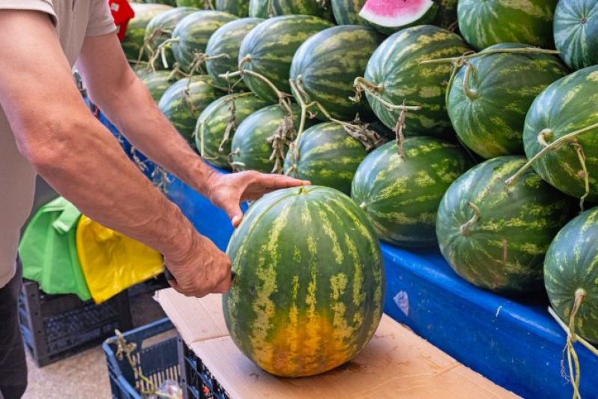 Hombre cortando una sandía