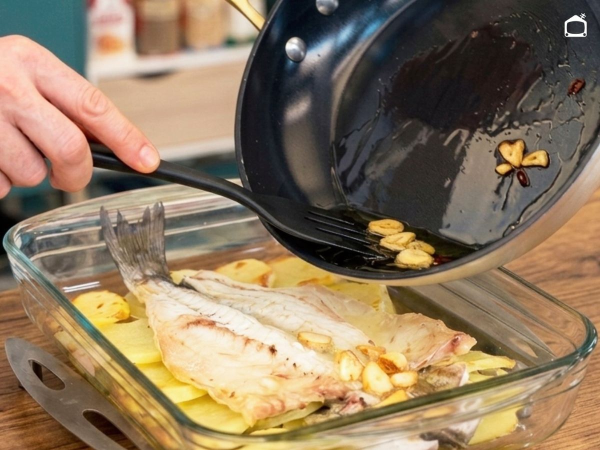 Haz el refrito y viértelo sobre la lubina