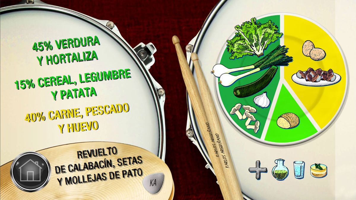 Plato equilibrado revuelto de calabacin setas y mollejas de pato